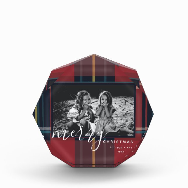 Custom Photo Red Plaid Merry Christmas Photo Block (Front)