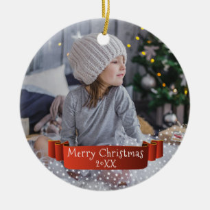 Custom Photo Red Ribbon Christmas Holiday Keepsake Ceramic Ornament