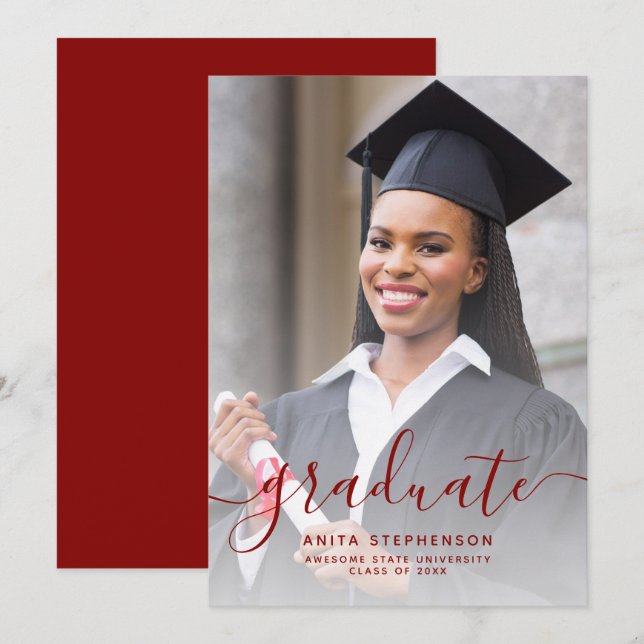 Custom Photo Red Script Graduation Announcement (Front/Back)