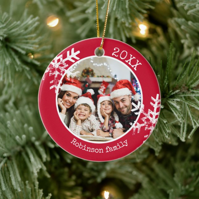 Custom Photo Red Snowflake Circle Ornament (Tree)