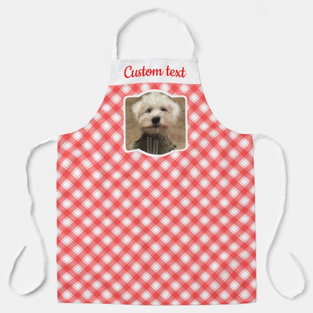 Custom Photo Red & White Country Farmhouse Plaid Apron (Front)