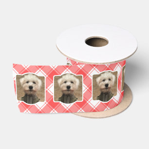 Custom Photo Red & White Country Farmhouse Plaid Satin Ribbon