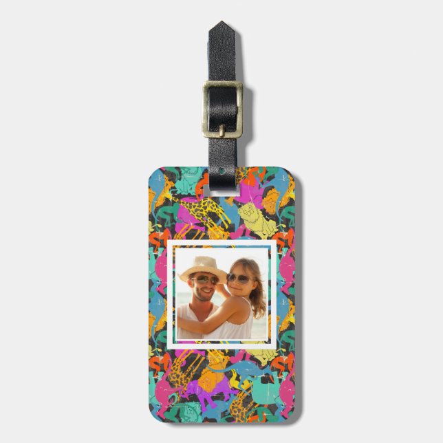 Custom Photo Retro Animal Silhouettes Pattern Luggage Tag (Front Vertical)