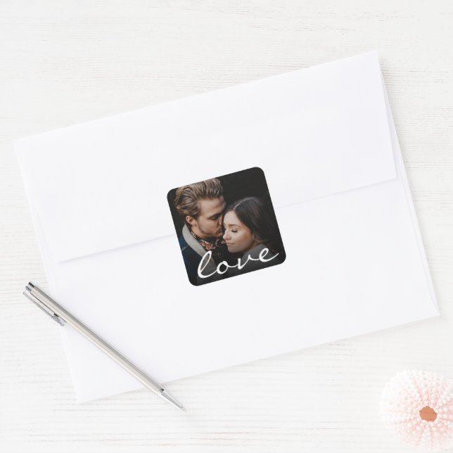 Custom Photo Romantic Love Script Make it Unique Square Sticker (Envelope)