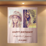 Custom photo rose gold friends birthday tapestry<br><div class="desc">A photo backdrop for 2 persons,  friends,  siblings,  twins.  Rose gold gradient background. Personalize and add 2 photos,  names and date(s)</div>