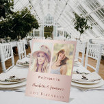 Custom photo rose gold friends birthday welcome pedestal sign<br><div class="desc">A photo welcome sign for 2 persons,  friends,  sisters,  twins.  A rose gold gradient background.  Personalize and add 2 photos,  names, age</div>