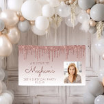 Custom Photo Rose Gold Glitter Drip 30th Birthday Banner<br><div class="desc">Welcome guests with this chic, glamourous thirtieth birthday party photo banner, featuring a sparkly rose gold faux glitter drip border and rose gold ombre background. Easily replace the sample image with a photo of the guest of honour. Personalize it with her name in rose handwriting script, with the birthday and...</div>