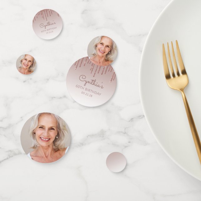 Custom Photo Rose Gold Glitter Drip 60th Birthday Confetti (Group)