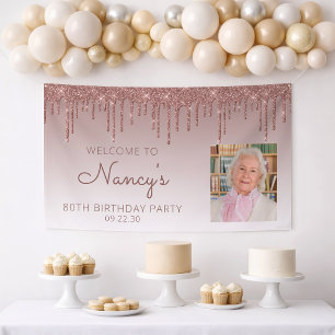 Custom Photo Rose Gold Glitter Drip 80th Birthday Banner
