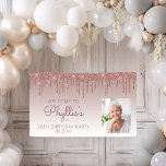 Custom Photo Rose Gold Glitter Drip 80th Birthday Banner<br><div class="desc">Welcome guests with this chic, glamourous 80th birthday party photo banner, featuring a sparkly rose gold faux glitter drip border and rose gold ombre background. Easily replace the sample image with a photo of the guest of honour. Personalize it with her name in rose handwriting script, with the birthday and...</div>