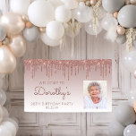Custom Photo Rose Gold Glitter Drip 90th Birthday Banner<br><div class="desc">Welcome guests with this chic, glamourous 90th birthday party photo banner, featuring a sparkly rose gold faux glitter drip border and rose gold ombre background. Easily replace the sample image with a photo of the guest of honour. Personalize it with her name in rose handwriting script, with the birthday and...</div>