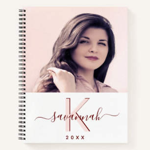 Custom photo rose gold white monogram script notebook
