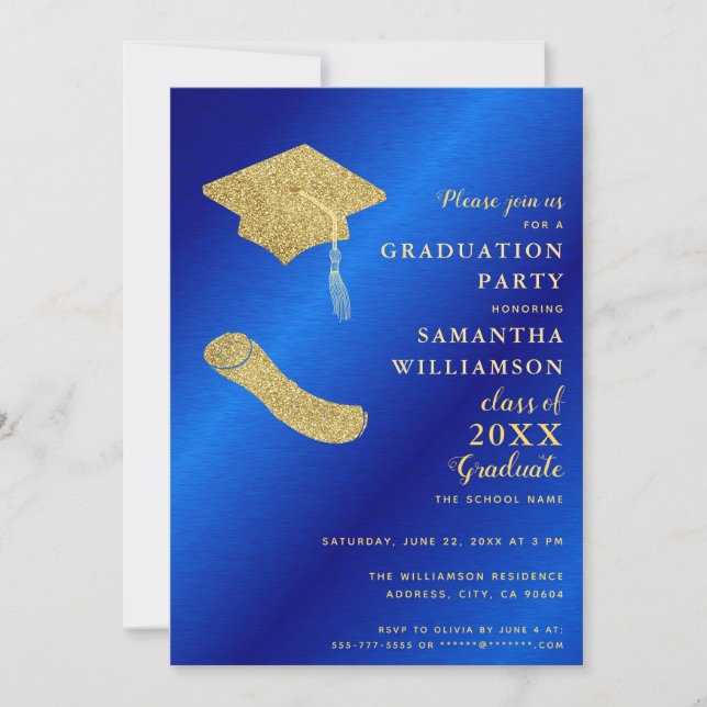Custom Photo Royal Blue and Gold Graduation Party Invitation (Front)