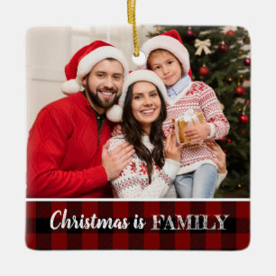 Custom Photo Rustic Red Buffalo Plaid Family Photo Ceramic Ornament