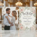 Custom Photo Rustic Romantic Save The Date<br><div class="desc">Share your special moment with this country-inspired design, featuring earthy timber tones, vintage lace details, and a personalized engagement portrait.This design centers your full-bleed engagement picture within an elegant, distressed dark brown barn wood-style background. The composition is accented by a delicate, off-white printed lace-style border and utilizes sweeping, traditional script...</div>