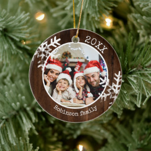 Custom Photo Rustic Wood Snowflake  Ceramic Ornament