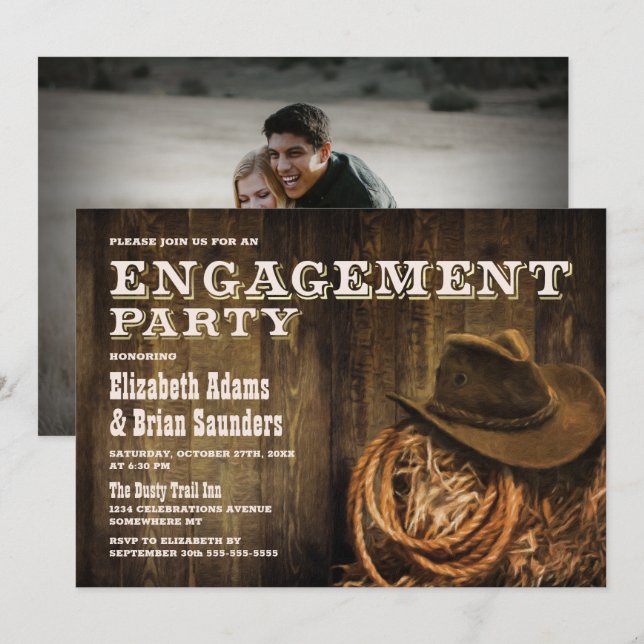 Custom Photo Rustic Wood Western Engagement Party Invitation (Front/Back)