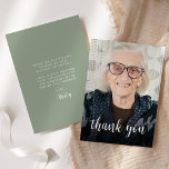 Custom Photo Sage Green 90th Birthday Party Thank You Card<br><div class="desc">The front of this 90th birthday invitation features the guest of honour's photo with the words "thank you" in elegant white calligraphy script overlay. A dark screen helps make the text pop. Customize the reverse side with your personal message in white sans serif font and your name in script on...</div>