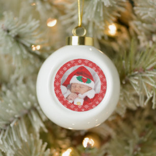 Custom Photo Santa Baby Red Background Snowflakes Ceramic Ball Christmas Ornament