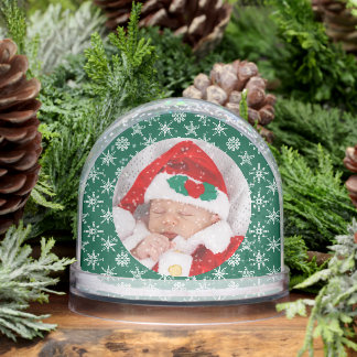Custom Photo Santa Baby Snowflake Script Green Snowglobe