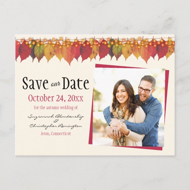  Custom Photo Save The Date Autumn Leaves Lights P Postcard (Front)