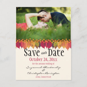  Custom Photo Save The Date Autumn Leaves Lights Postcard