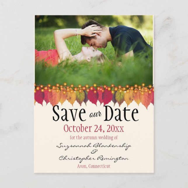  Custom Photo Save The Date Autumn Leaves Lights Postcard (Front)