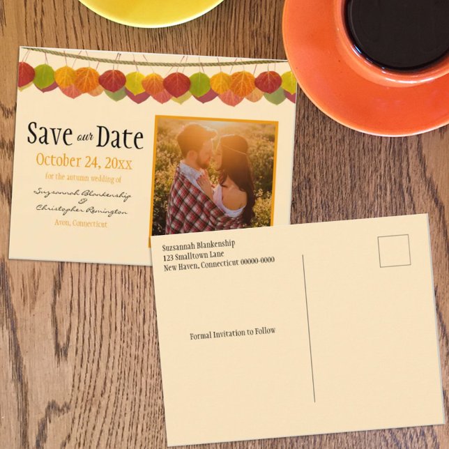 Custom Photo Save The Date Fall Aspen Leaves Postcard (Creator Uploaded)