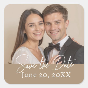 Custom Photo Save The Date Modern Script Square Sticker