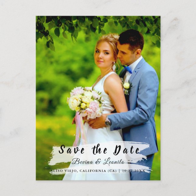 Custom Photo | Save the Date, w Brush Stroke Light Postcard (Front)