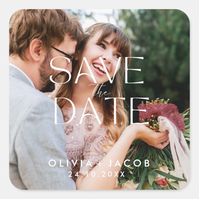 Custom Photo Save the Date with Couple Photo Square Sticker (Front)