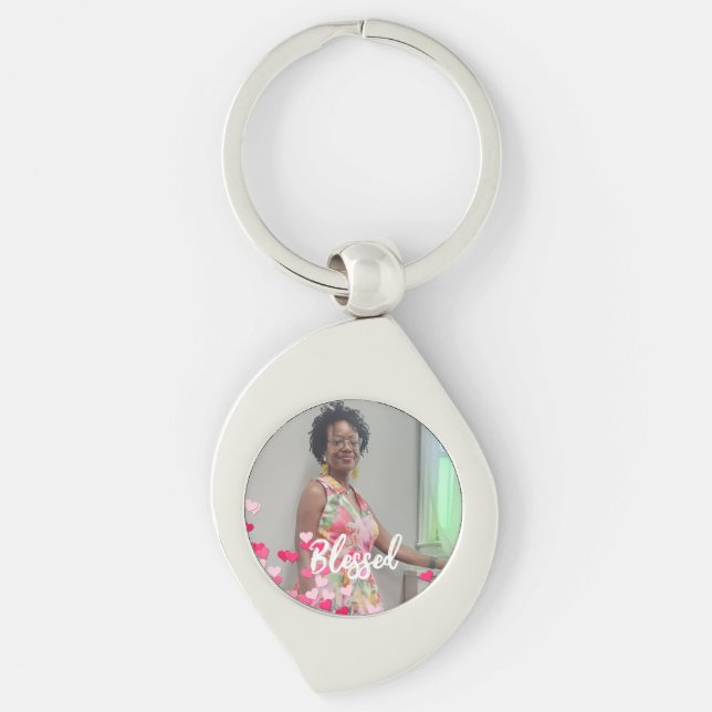 Custom Photo Scattered Pink Hearts Blessed Keychain (Front)