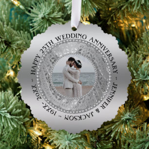 Custom Photo Silver Background Anniversary Ornament Card
