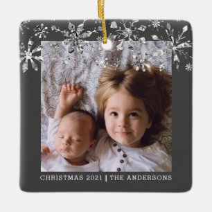 Custom Photo Silver Black Snowflake Christmas Ceramic Ornament