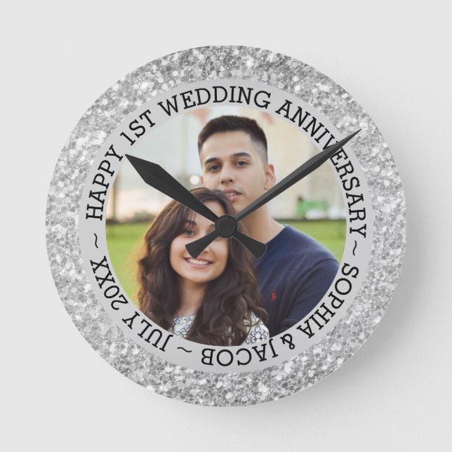 Custom Photo Silver Glitter Round Clock (Front)