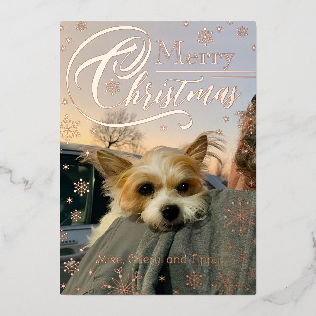 Custom Photo Snowflake Typography Christmas Foil Holiday Card (Front)