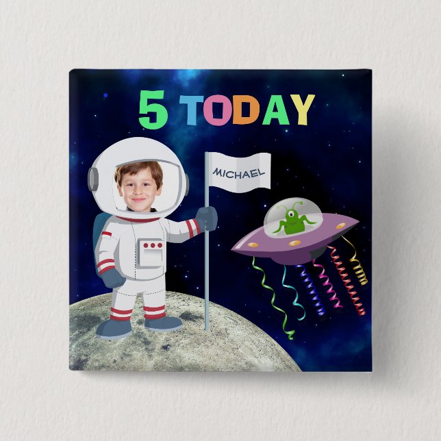 Custom Photo Spaceman Birthday Kids Age 2 Inch Square Button (Front)