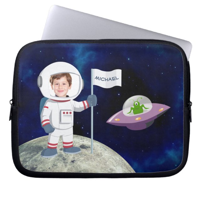 Custom Photo Spaceman on Moon Kids Laptop Sleeve (Front)