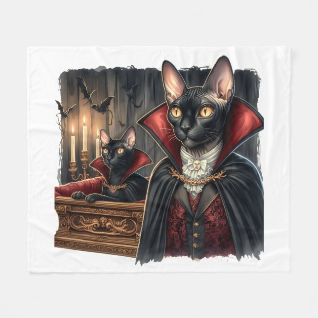 Custom Photo Sphynx Cat Art Dracula Vampire Goth Fleece Blanket (Front (Horizontal))