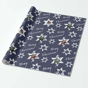 Custom Photo Stary Merry Christmas Purple Wrapping Paper