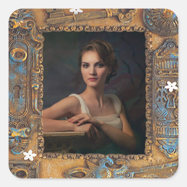 Custom Photo Steampunk Antique Skeleton Key Frame Square Sticker (Front)