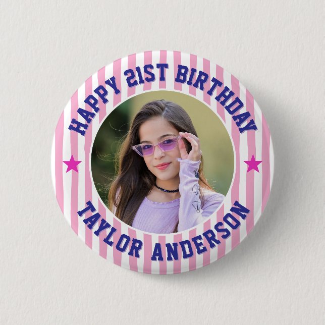 Custom Photo Stripe Pattern Happy Birthday 2 Inch Round Button (Front)