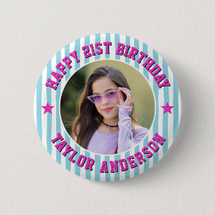 Custom Photo Stripe Pattern Happy Birthday 2 Inch Round Button