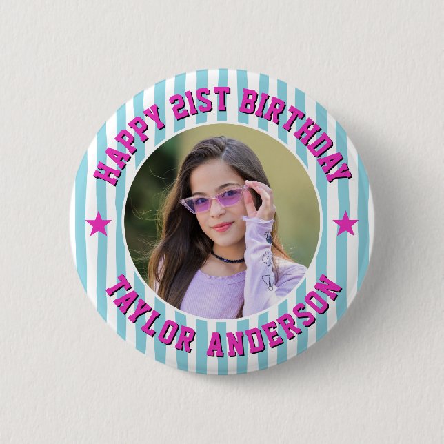 Custom Photo Stripe Pattern Happy Birthday 2 Inch Round Button (Front)