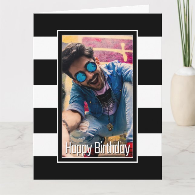 Custom Photo Striped Any Age Birthday Card (Front)