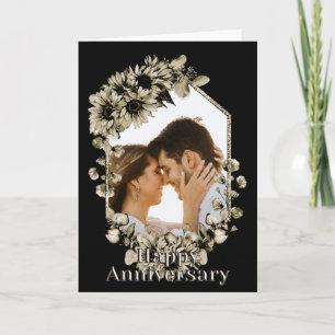 Custom Photo Sunflower Floral Black Anniversary Card