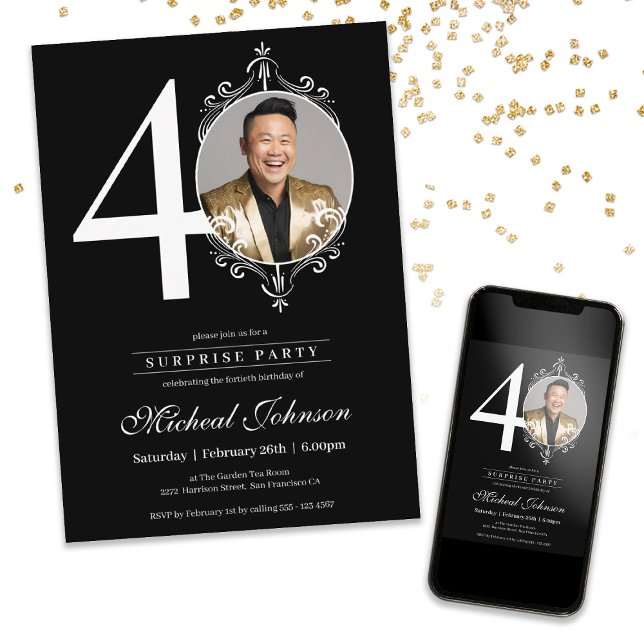 Custom Photo Surprise 40th Birthday Party  Invitation (40th Birthday Surprise Party Custom Photo Invitation)