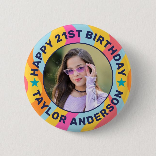 Custom Photo Swirl Pattern Groovy Happy Birthday 2 Inch Round Button (Front)