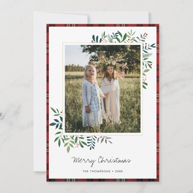 Custom Photo Tartan Border Green Leaves Christmas Holiday Card (Front)