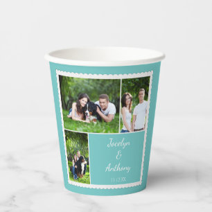 Custom Photo Teal Blue and White Wedding Paper Cups